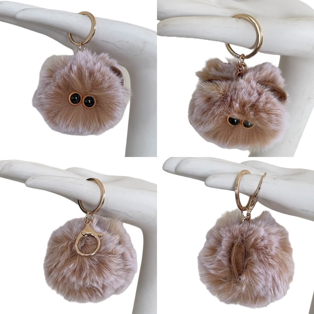 Fuzzy Brown Pom Pom Animal Keychain Accessory